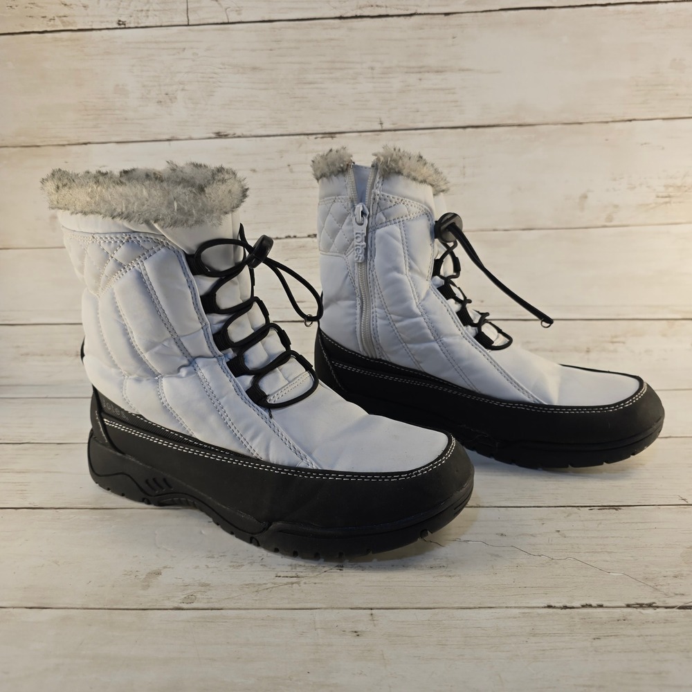 Totes Womens Snow Boots White Black Quilted Faux Fur Trim Zipper Bungee Size 7.5